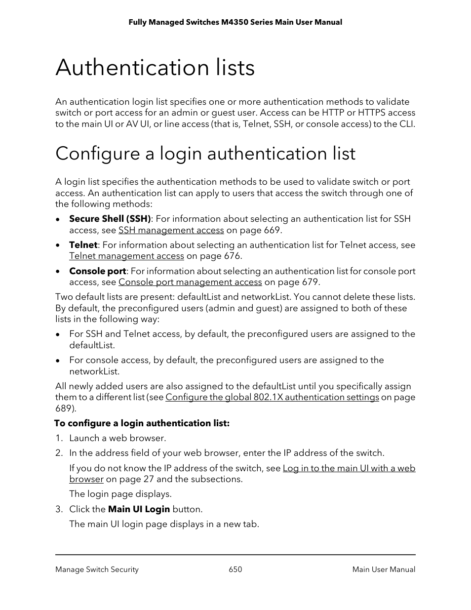 Authentication lists, Configure a login authentication list | NETGEAR M4350-24F4V 24-Port 10G SFP+ Managed AV Network Switch User Manual | Page 650 / 971