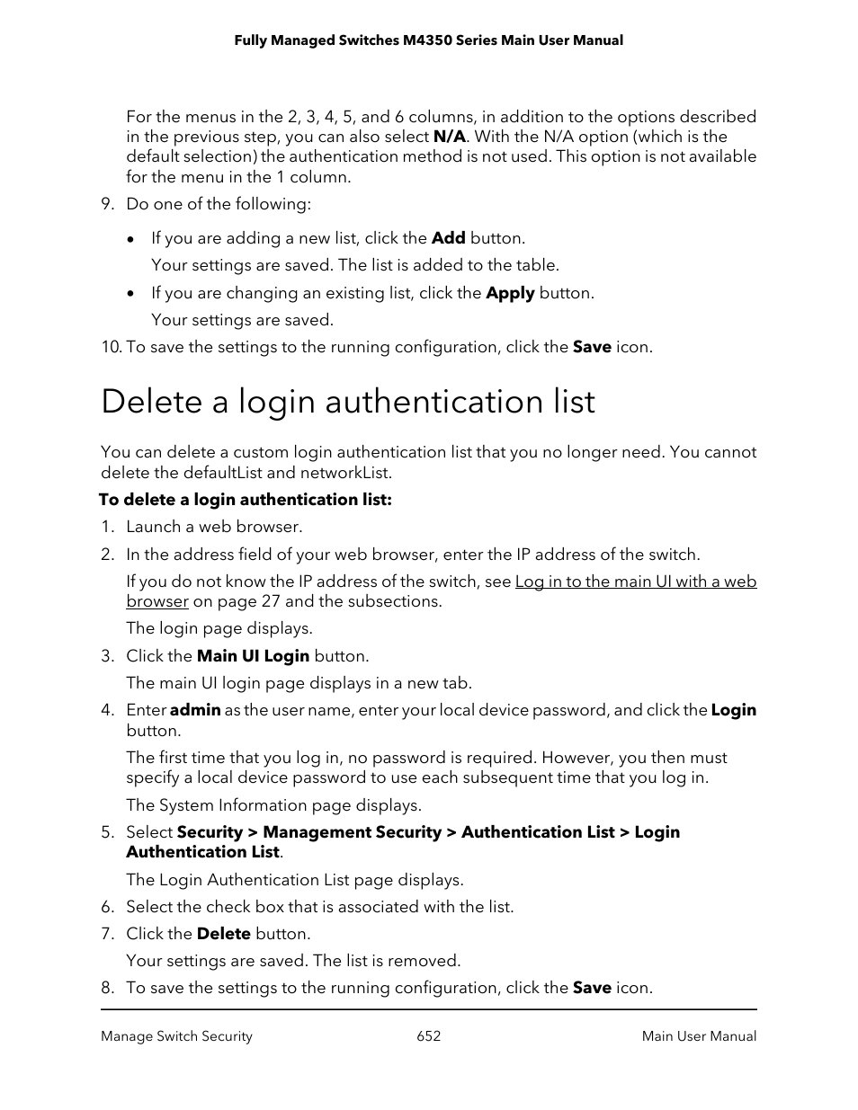 Delete a login authentication list | NETGEAR M4350-24F4V 24-Port 10G SFP+ Managed AV Network Switch User Manual | Page 652 / 971