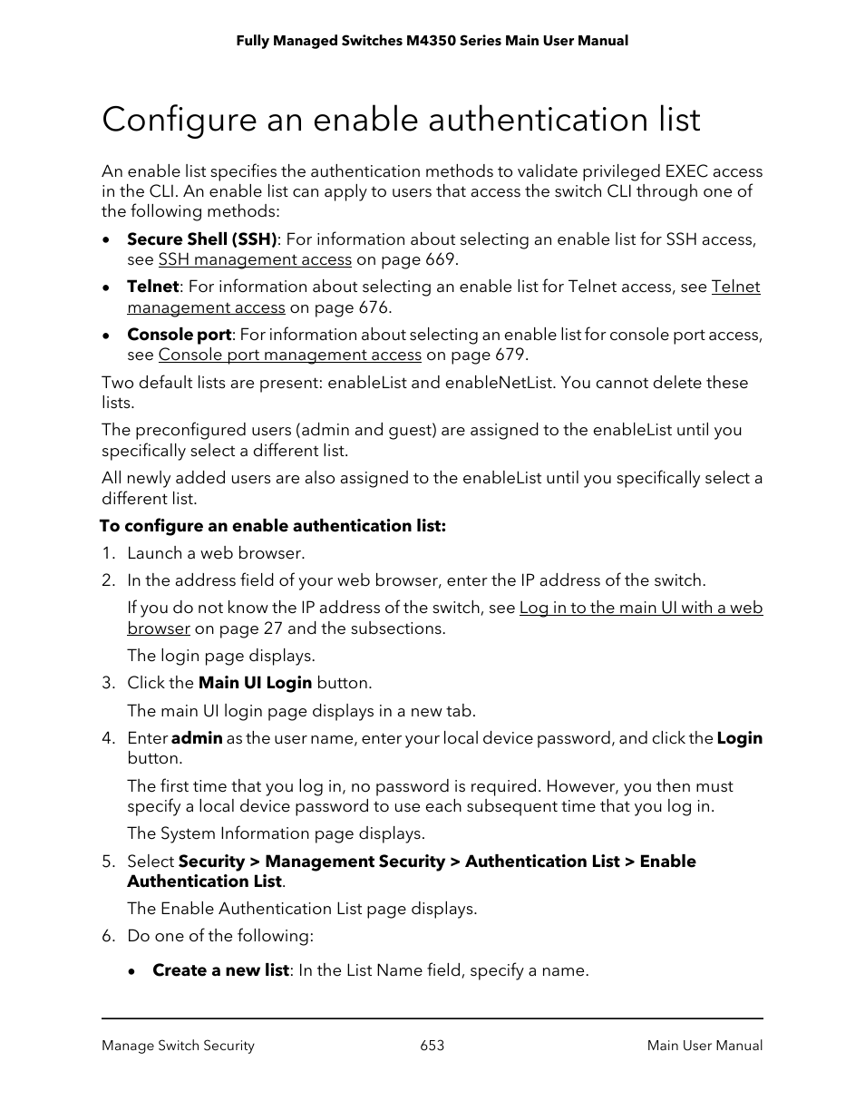 Configure an enable authentication list | NETGEAR M4350-24F4V 24-Port 10G SFP+ Managed AV Network Switch User Manual | Page 653 / 971