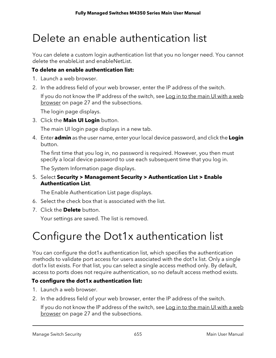 Delete an enable authentication list, Configure the dot1x authentication list | NETGEAR M4350-24F4V 24-Port 10G SFP+ Managed AV Network Switch User Manual | Page 655 / 971