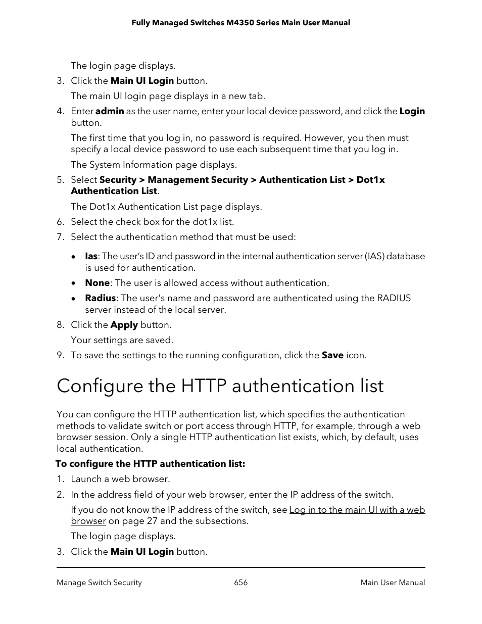 Configure the http authentication list | NETGEAR M4350-24F4V 24-Port 10G SFP+ Managed AV Network Switch User Manual | Page 656 / 971