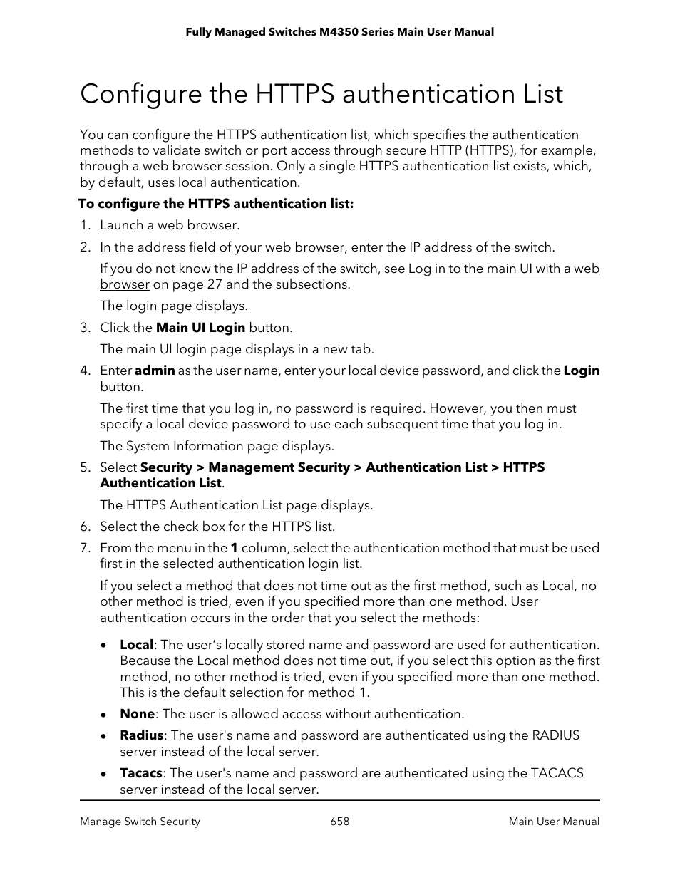 Configure the https authentication list | NETGEAR M4350-24F4V 24-Port 10G SFP+ Managed AV Network Switch User Manual | Page 658 / 971