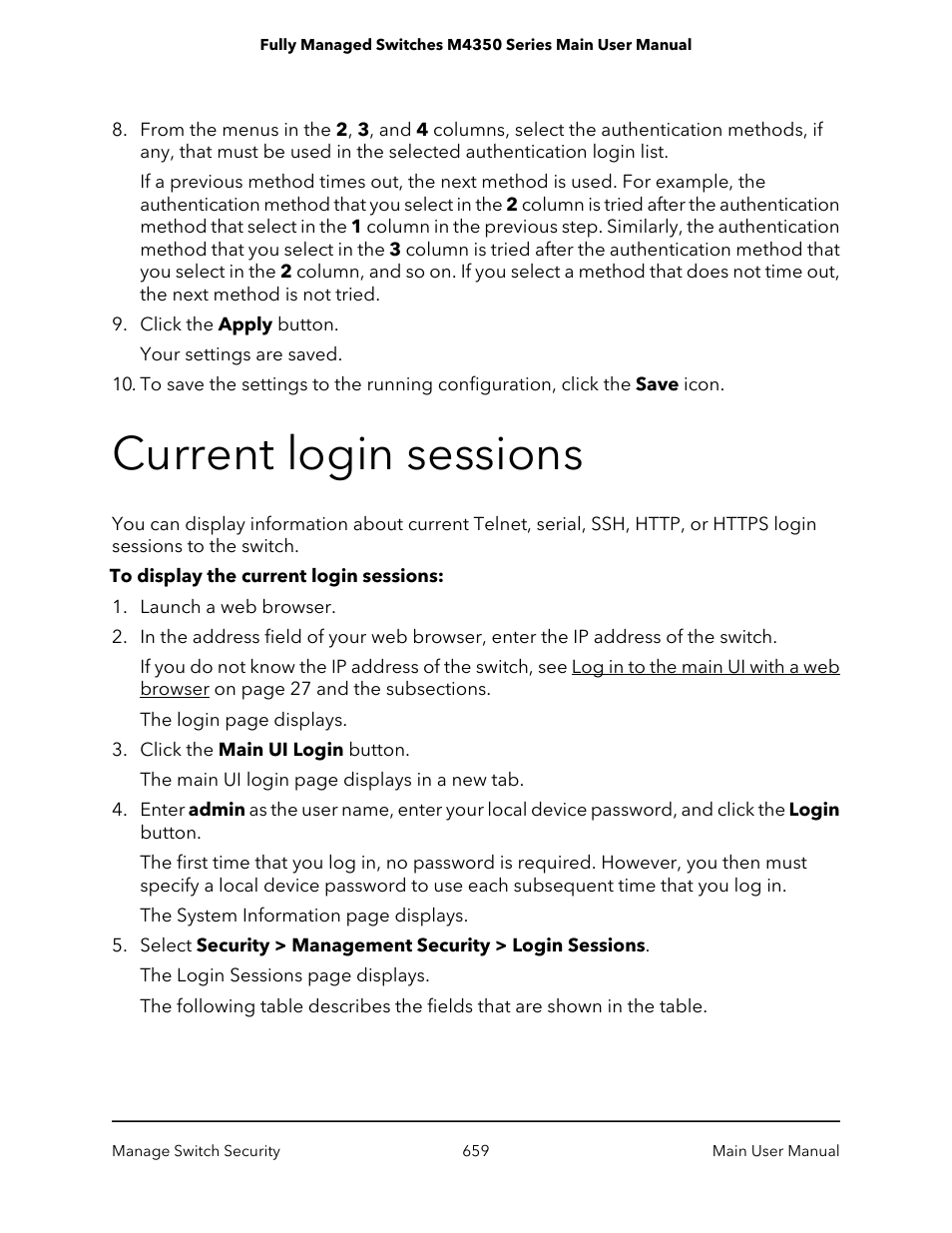 Current login sessions | NETGEAR M4350-24F4V 24-Port 10G SFP+ Managed AV Network Switch User Manual | Page 659 / 971