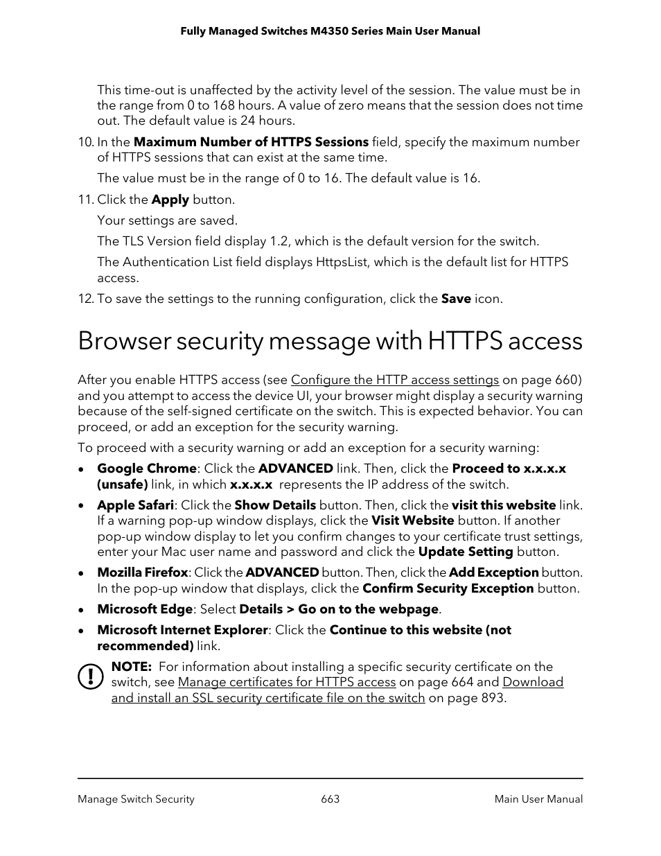 Browser security message with https access | NETGEAR M4350-24F4V 24-Port 10G SFP+ Managed AV Network Switch User Manual | Page 663 / 971