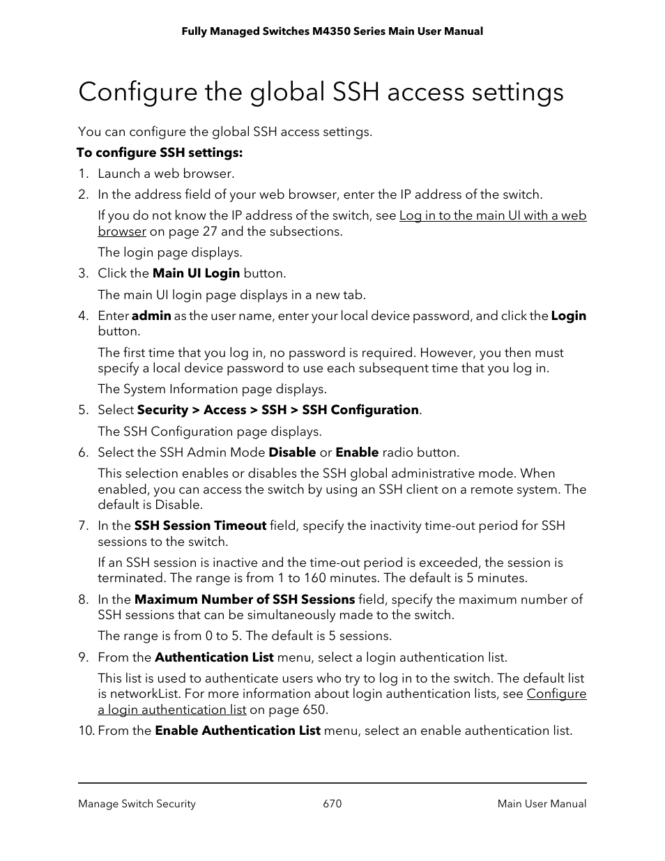 Configure the global ssh access settings | NETGEAR M4350-24F4V 24-Port 10G SFP+ Managed AV Network Switch User Manual | Page 670 / 971