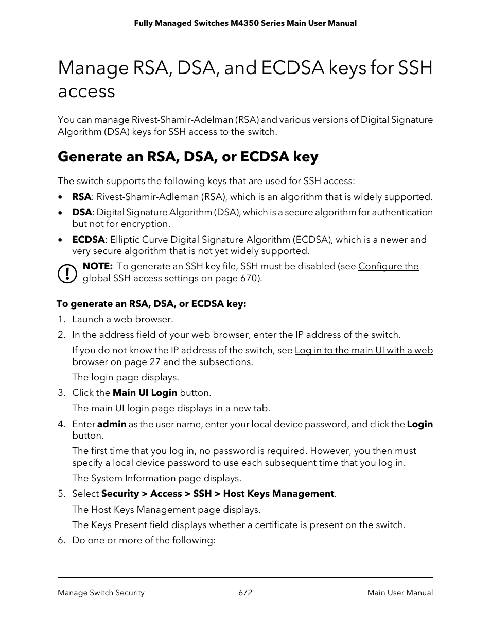 Manage rsa, dsa, and ecdsa keys for ssh access, Generate an rsa, dsa, or ecdsa key | NETGEAR M4350-24F4V 24-Port 10G SFP+ Managed AV Network Switch User Manual | Page 672 / 971