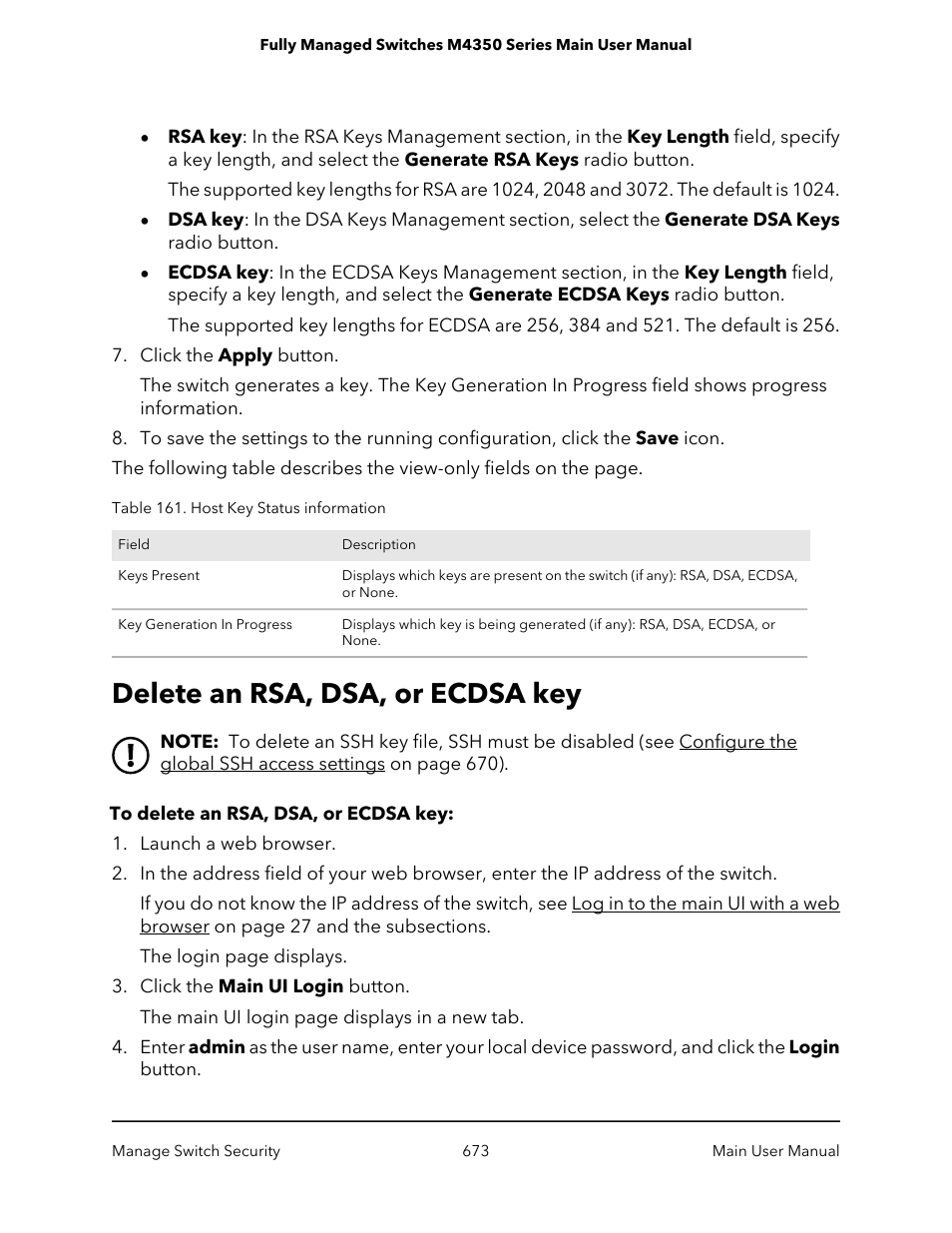 Delete an rsa, dsa, or ecdsa key | NETGEAR M4350-24F4V 24-Port 10G SFP+ Managed AV Network Switch User Manual | Page 673 / 971