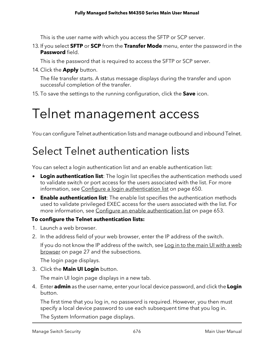 Telnet management access, Select telnet authentication lists | NETGEAR M4350-24F4V 24-Port 10G SFP+ Managed AV Network Switch User Manual | Page 676 / 971