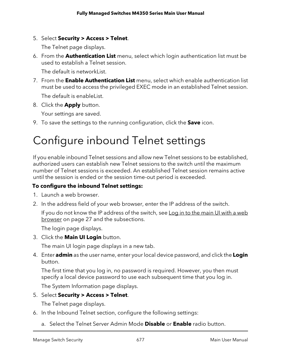 Configure inbound telnet settings | NETGEAR M4350-24F4V 24-Port 10G SFP+ Managed AV Network Switch User Manual | Page 677 / 971