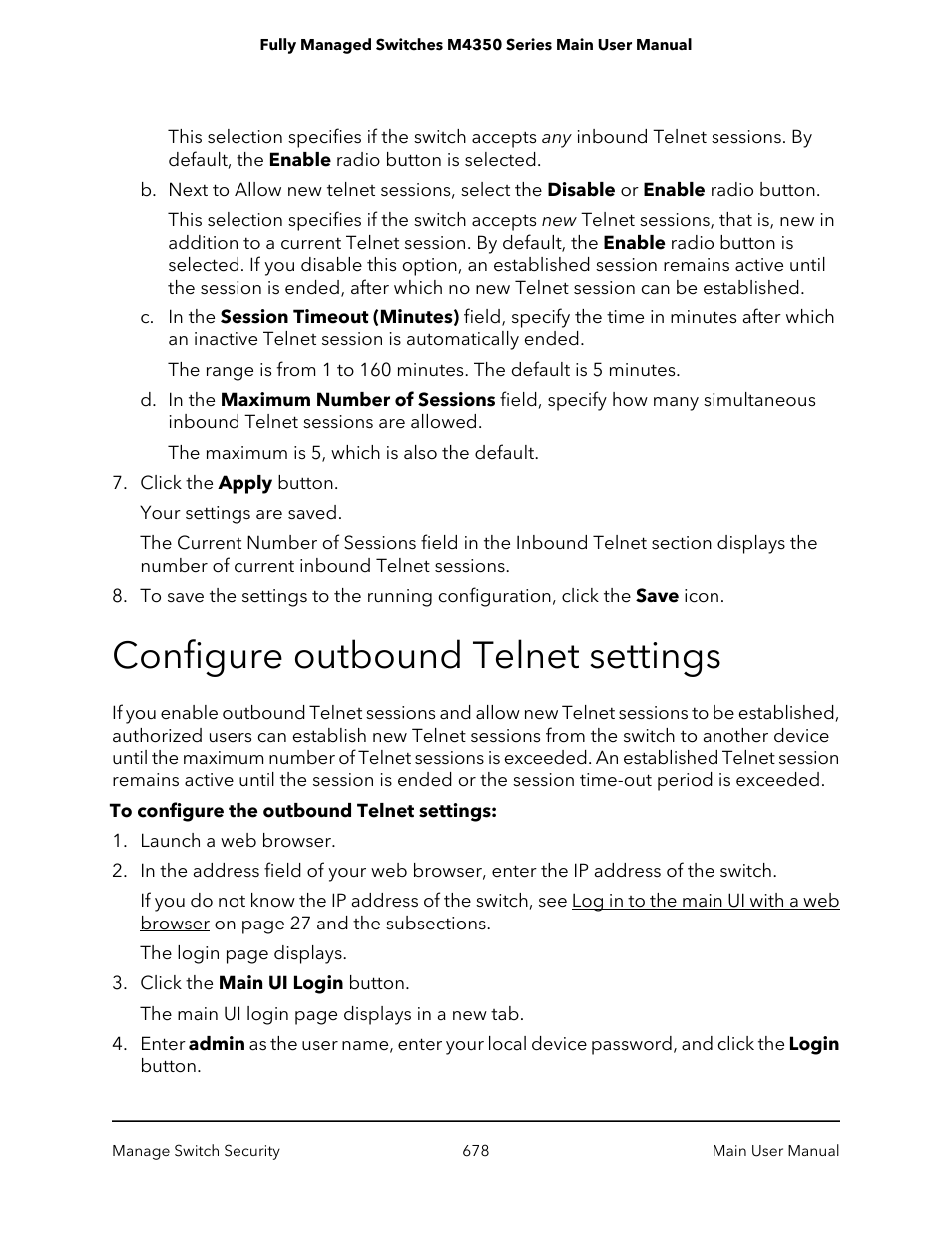 Configure outbound telnet settings | NETGEAR M4350-24F4V 24-Port 10G SFP+ Managed AV Network Switch User Manual | Page 678 / 971