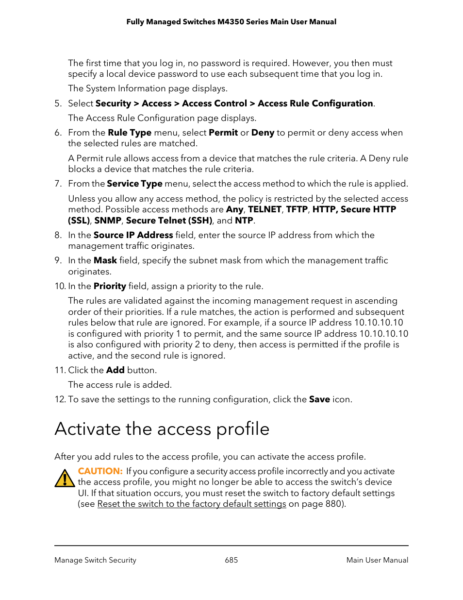 Activate the access profile | NETGEAR M4350-24F4V 24-Port 10G SFP+ Managed AV Network Switch User Manual | Page 685 / 971