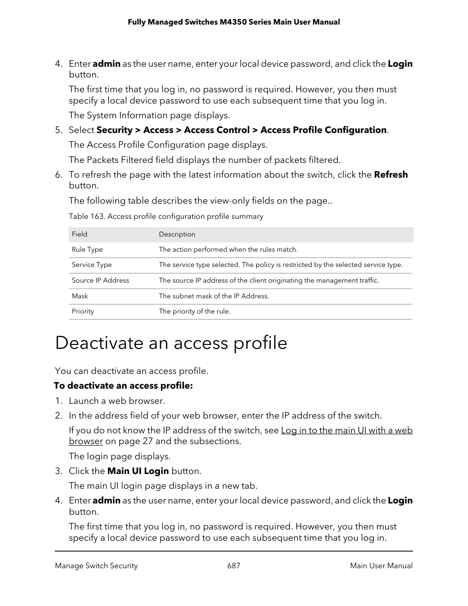 Deactivate an access profile | NETGEAR M4350-24F4V 24-Port 10G SFP+ Managed AV Network Switch User Manual | Page 687 / 971