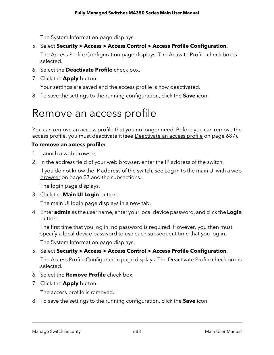 Remove an access profile | NETGEAR M4350-24F4V 24-Port 10G SFP+ Managed AV Network Switch User Manual | Page 688 / 971