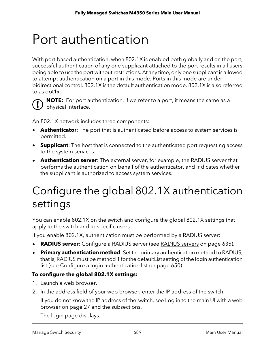 Port authentication | NETGEAR M4350-24F4V 24-Port 10G SFP+ Managed AV Network Switch User Manual | Page 689 / 971