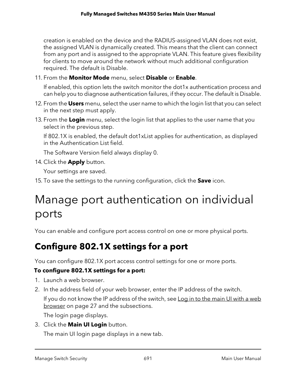 Manage port authentication on individual ports, Configure 802.1x settings for a port | NETGEAR M4350-24F4V 24-Port 10G SFP+ Managed AV Network Switch User Manual | Page 691 / 971