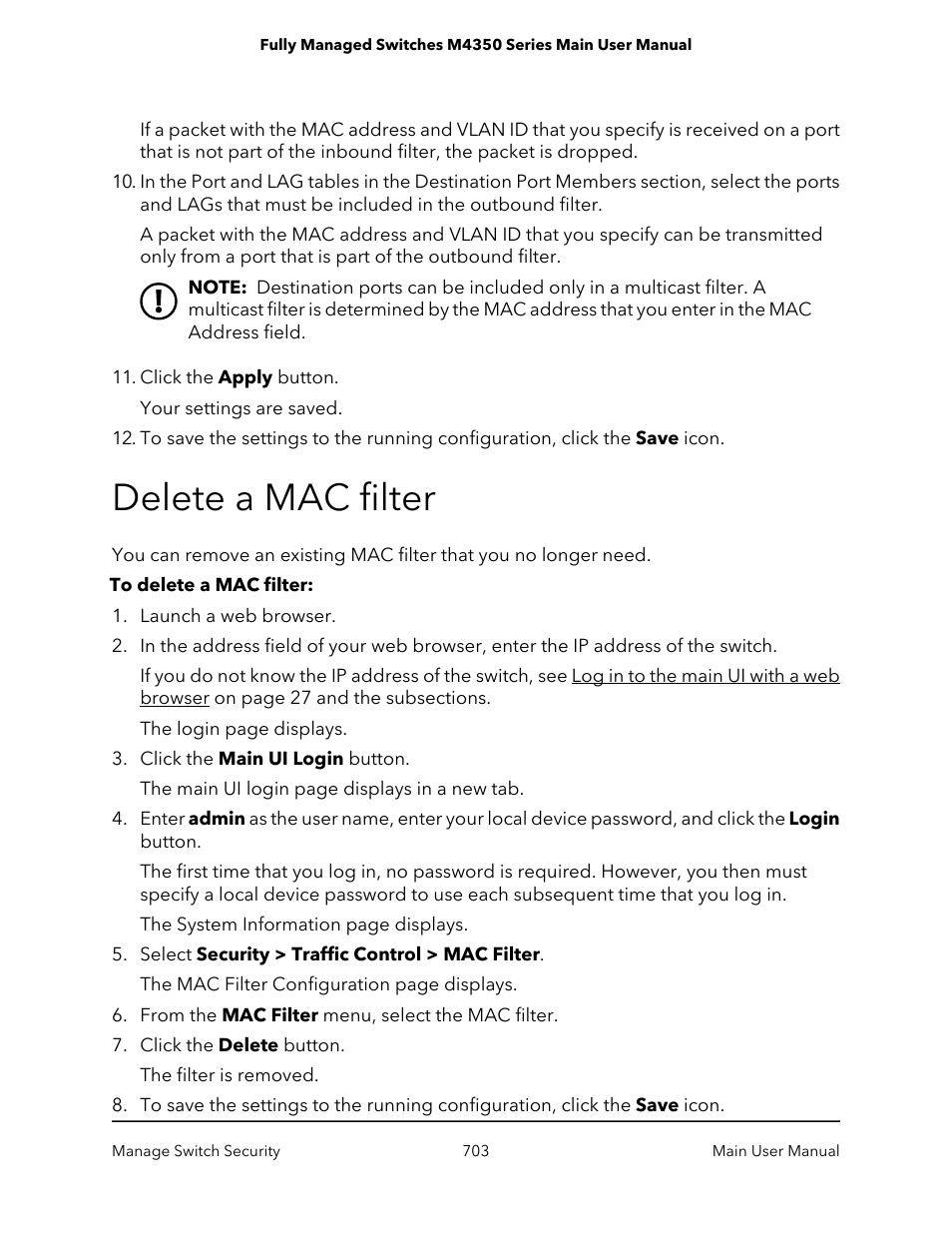 Delete a mac filter | NETGEAR M4350-24F4V 24-Port 10G SFP+ Managed AV Network Switch User Manual | Page 703 / 971