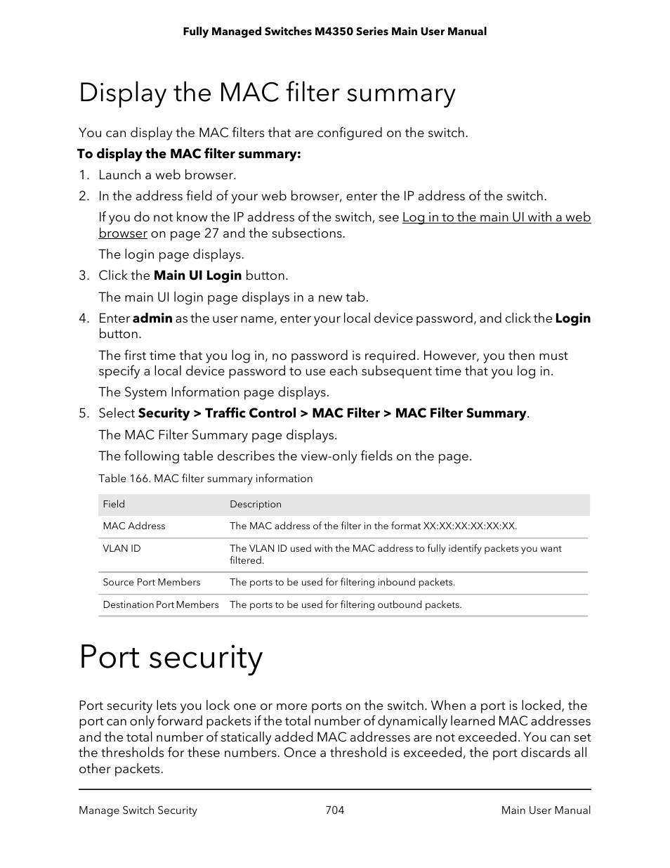 Display the mac filter summary, Port security | NETGEAR M4350-24F4V 24-Port 10G SFP+ Managed AV Network Switch User Manual | Page 704 / 971