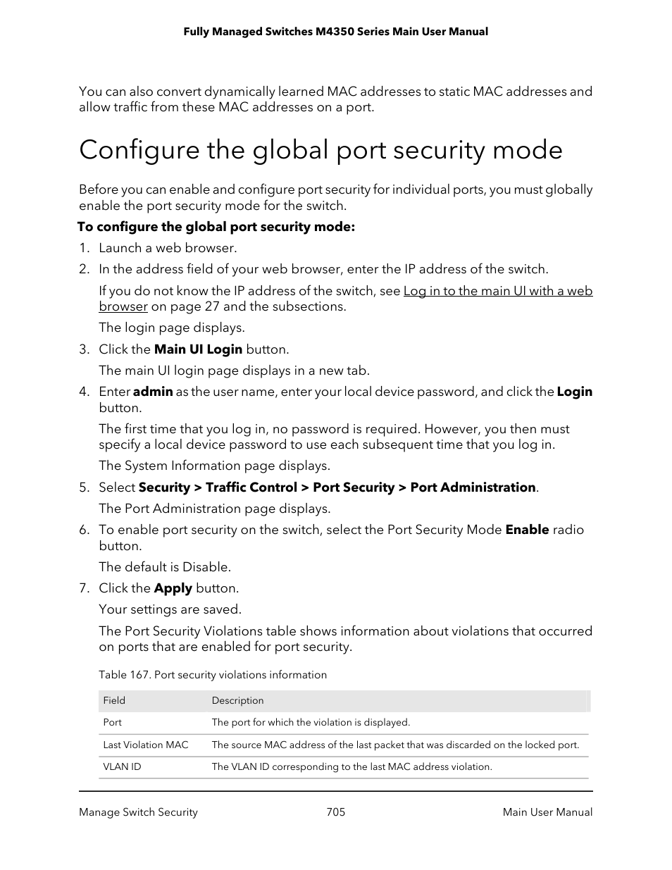 Configure the global port security mode | NETGEAR M4350-24F4V 24-Port 10G SFP+ Managed AV Network Switch User Manual | Page 705 / 971