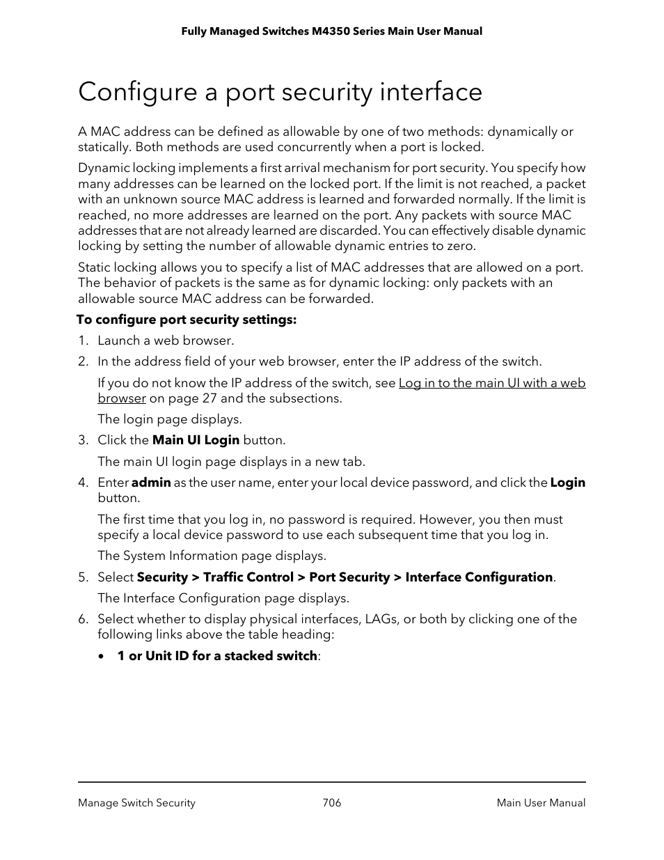 Configure a port security interface | NETGEAR M4350-24F4V 24-Port 10G SFP+ Managed AV Network Switch User Manual | Page 706 / 971