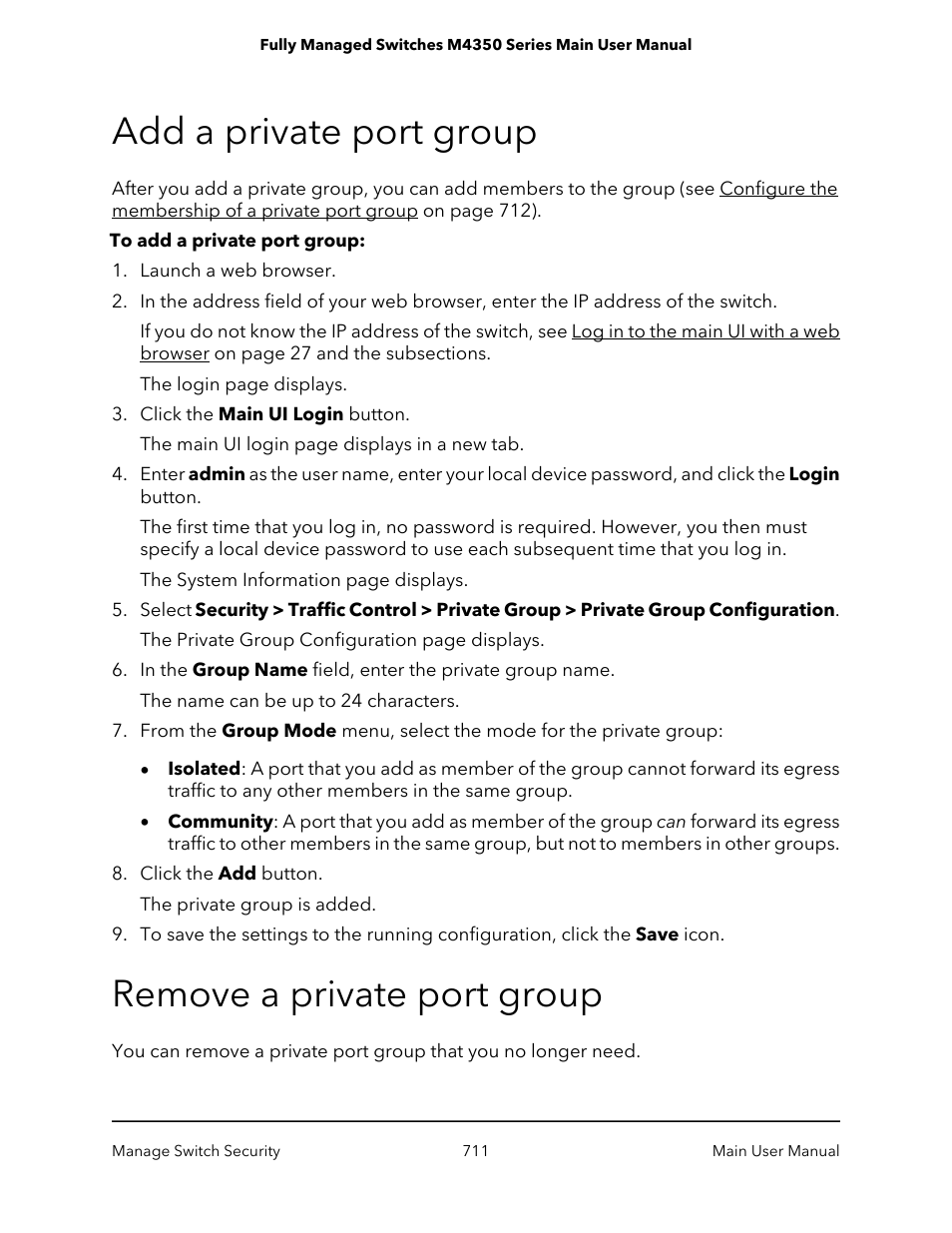 Add a private port group, Remove a private port group | NETGEAR M4350-24F4V 24-Port 10G SFP+ Managed AV Network Switch User Manual | Page 711 / 971