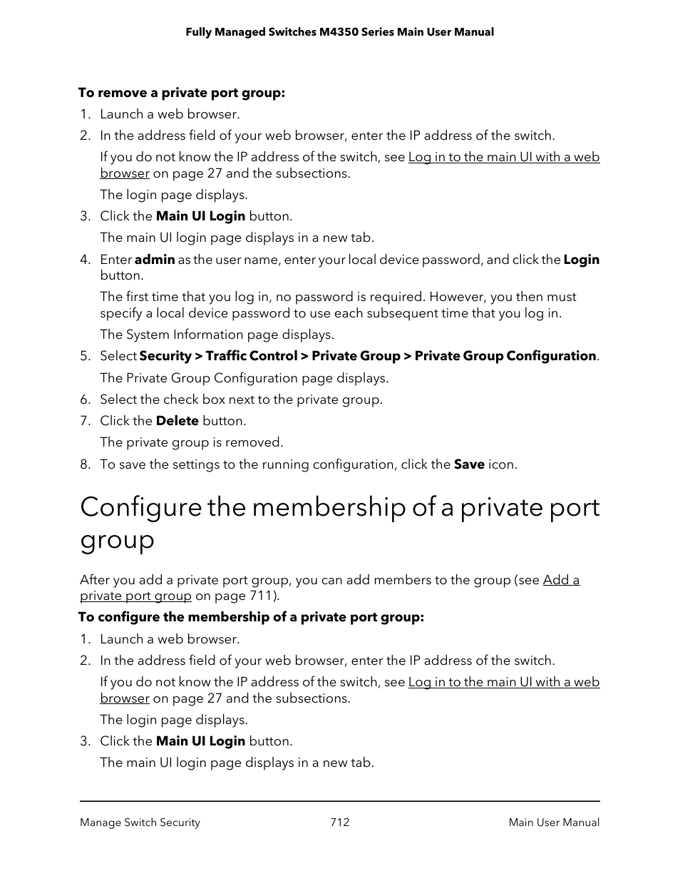 Configure the membership of a private port group | NETGEAR M4350-24F4V 24-Port 10G SFP+ Managed AV Network Switch User Manual | Page 712 / 971