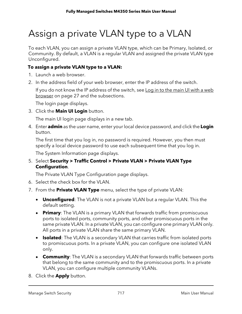 Assign a private vlan type to a vlan | NETGEAR M4350-24F4V 24-Port 10G SFP+ Managed AV Network Switch User Manual | Page 717 / 971