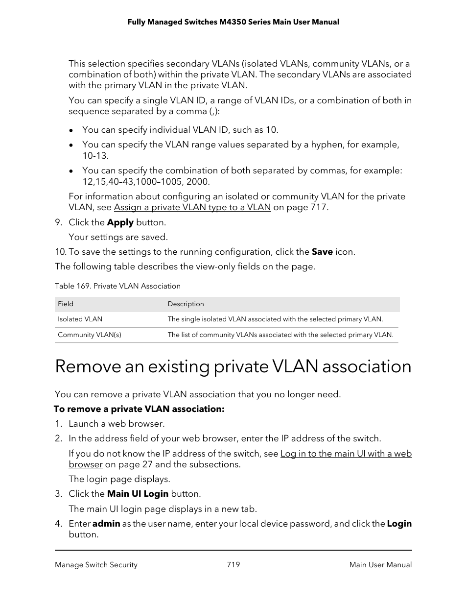 Remove an existing private vlan association | NETGEAR M4350-24F4V 24-Port 10G SFP+ Managed AV Network Switch User Manual | Page 719 / 971