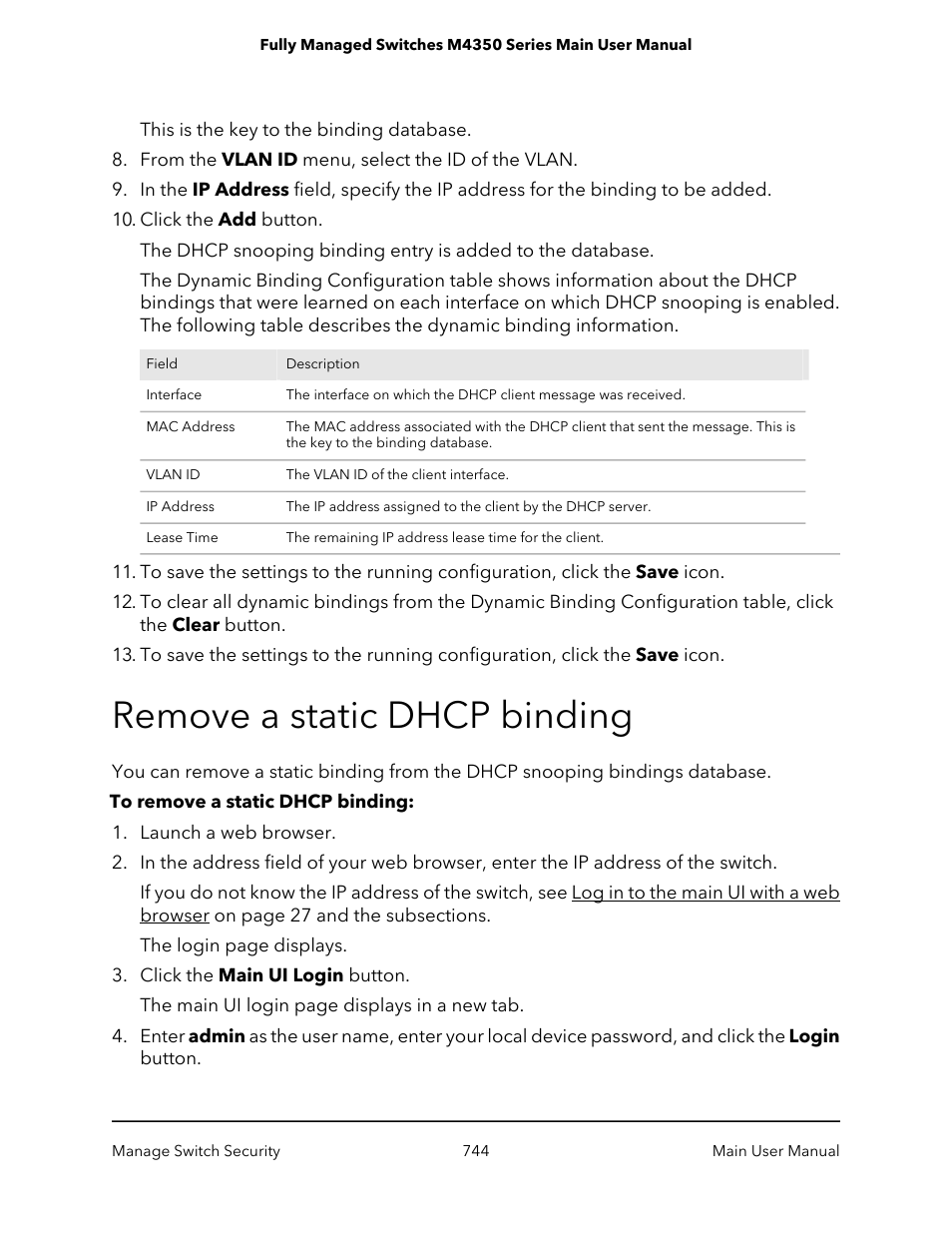 Remove a static dhcp binding | NETGEAR M4350-24F4V 24-Port 10G SFP+ Managed AV Network Switch User Manual | Page 744 / 971