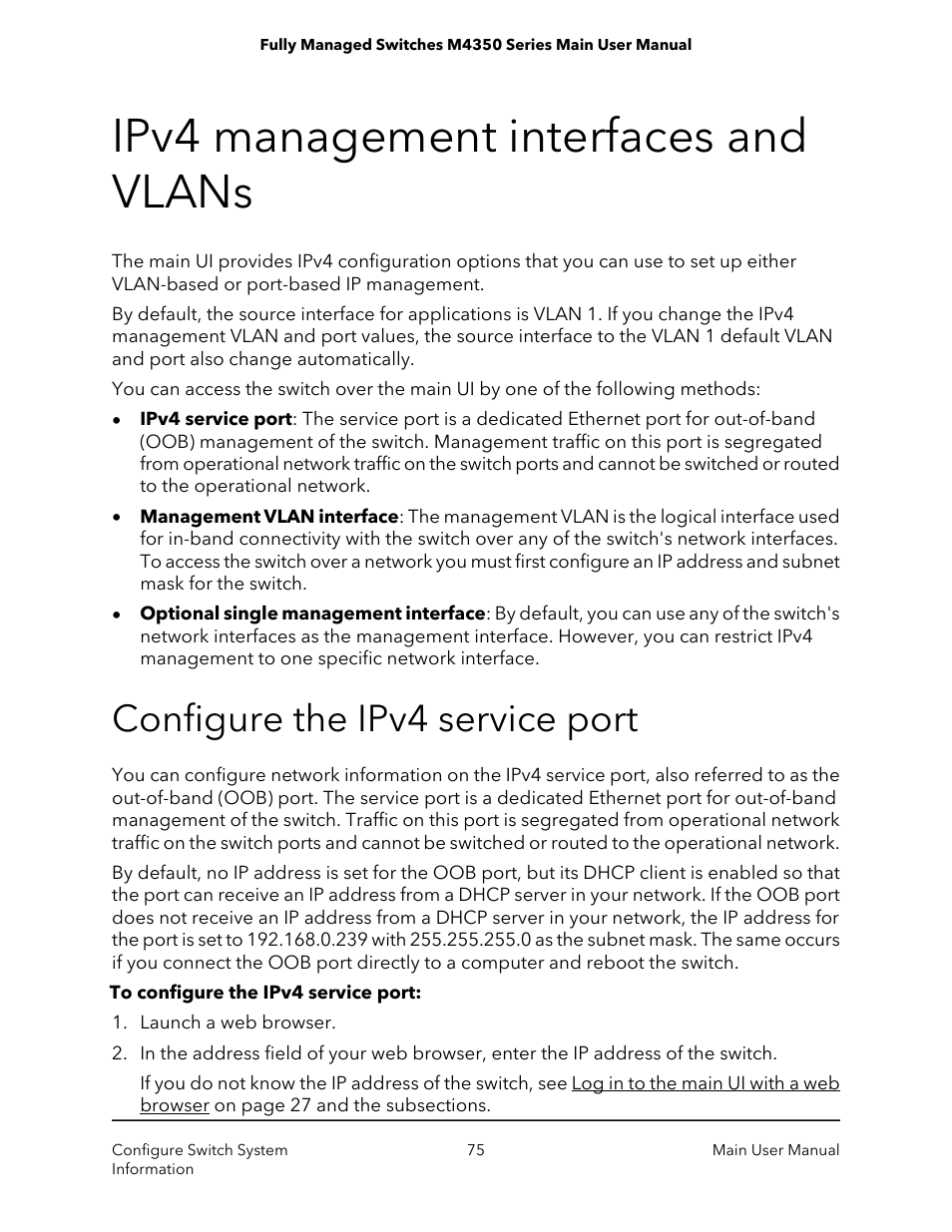 Ipv4 management interfaces and vlans, Configure the ipv4 service port | NETGEAR M4350-24F4V 24-Port 10G SFP+ Managed AV Network Switch User Manual | Page 75 / 971