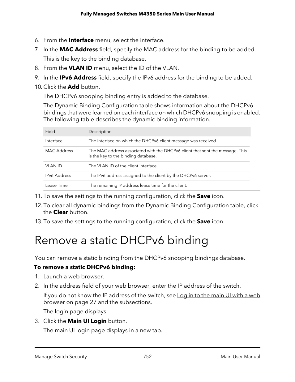 Remove a static dhcpv6 binding | NETGEAR M4350-24F4V 24-Port 10G SFP+ Managed AV Network Switch User Manual | Page 752 / 971