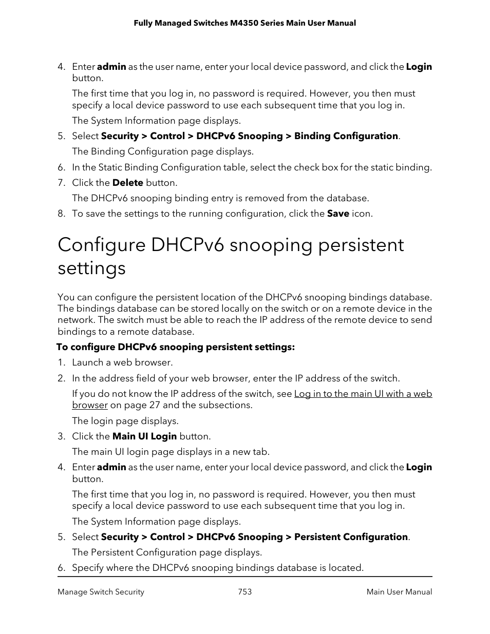 Configure dhcpv6 snooping persistent settings | NETGEAR M4350-24F4V 24-Port 10G SFP+ Managed AV Network Switch User Manual | Page 753 / 971