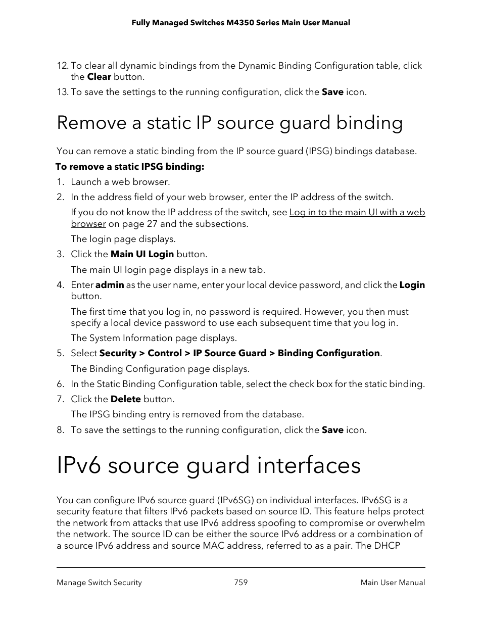 Remove a static ip source guard binding, Ipv6 source guard interfaces | NETGEAR M4350-24F4V 24-Port 10G SFP+ Managed AV Network Switch User Manual | Page 759 / 971