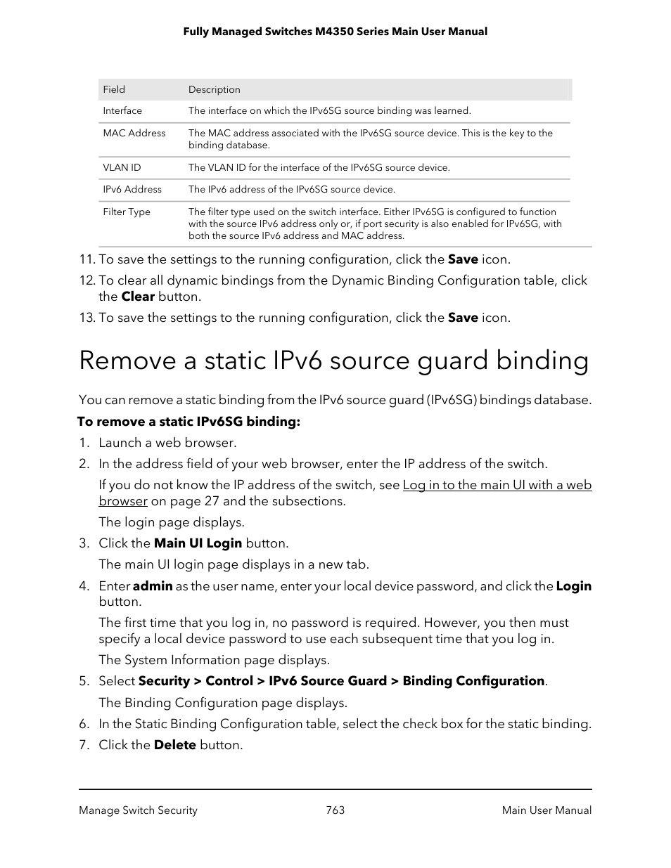 Remove a static ipv6 source guard binding | NETGEAR M4350-24F4V 24-Port 10G SFP+ Managed AV Network Switch User Manual | Page 763 / 971