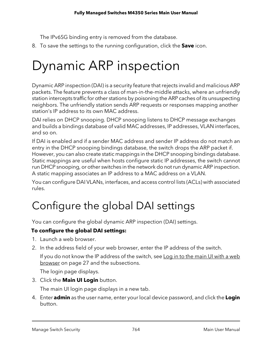 Dynamic arp inspection, Configure the global dai settings | NETGEAR M4350-24F4V 24-Port 10G SFP+ Managed AV Network Switch User Manual | Page 764 / 971