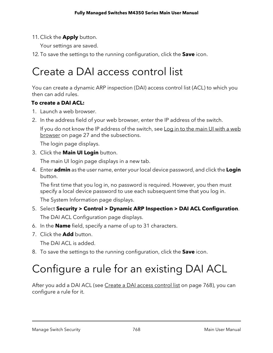 Create a dai access control list, Configure a rule for an existing dai acl | NETGEAR M4350-24F4V 24-Port 10G SFP+ Managed AV Network Switch User Manual | Page 768 / 971