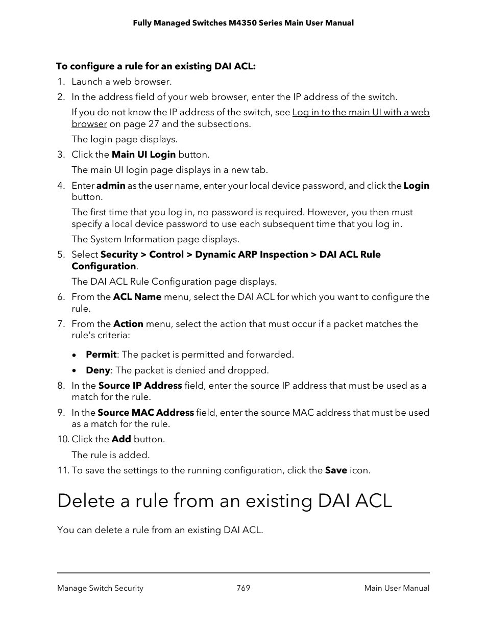 Delete a rule from an existing dai acl | NETGEAR M4350-24F4V 24-Port 10G SFP+ Managed AV Network Switch User Manual | Page 769 / 971