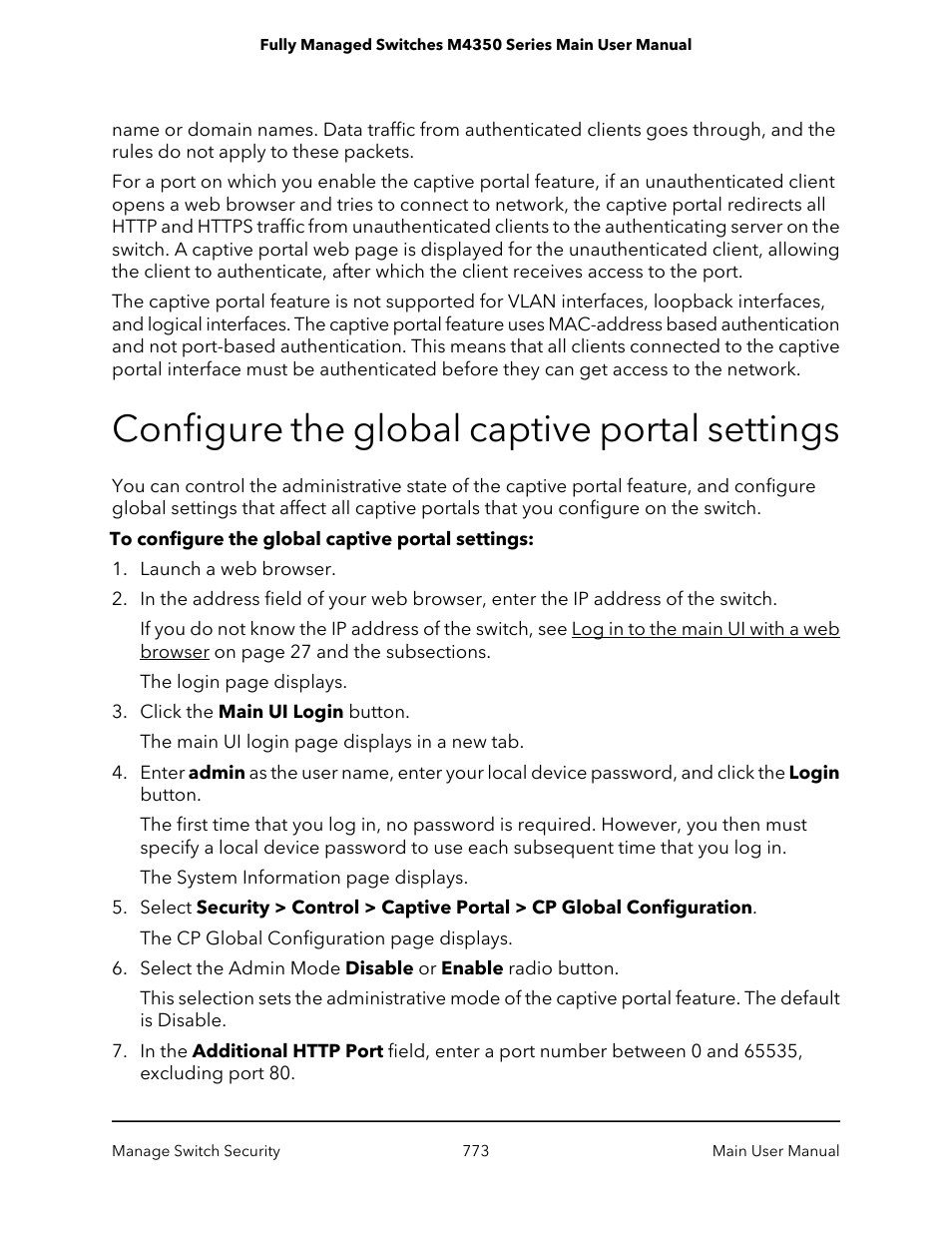 Configure the global captive portal settings | NETGEAR M4350-24F4V 24-Port 10G SFP+ Managed AV Network Switch User Manual | Page 773 / 971