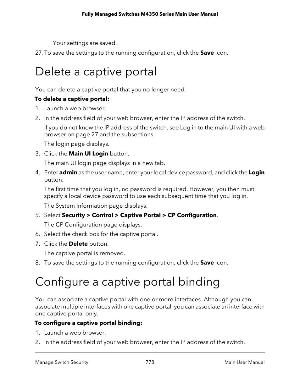 Delete a captive portal, Configure a captive portal binding | NETGEAR M4350-24F4V 24-Port 10G SFP+ Managed AV Network Switch User Manual | Page 778 / 971