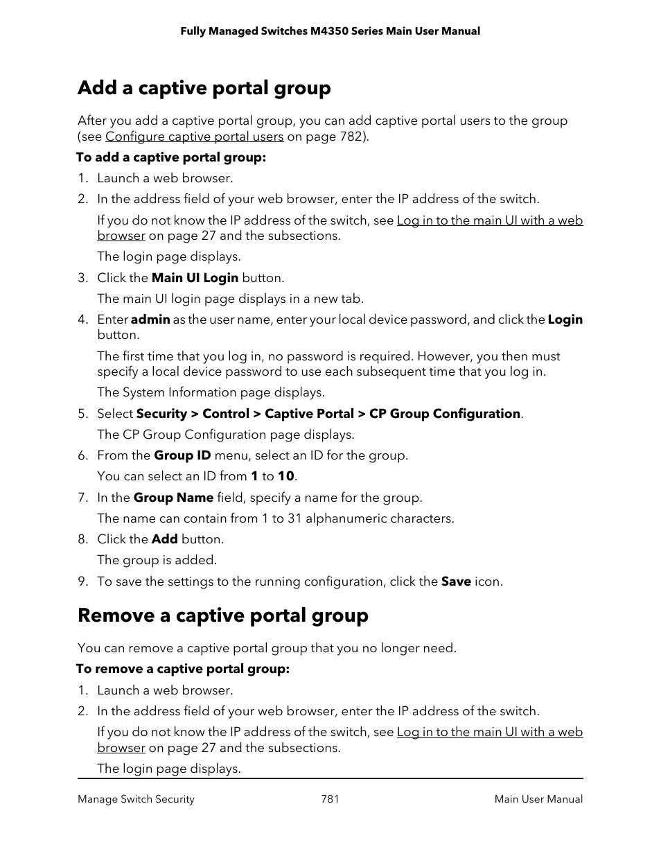 Add a captive portal group, Remove a captive portal group | NETGEAR M4350-24F4V 24-Port 10G SFP+ Managed AV Network Switch User Manual | Page 781 / 971