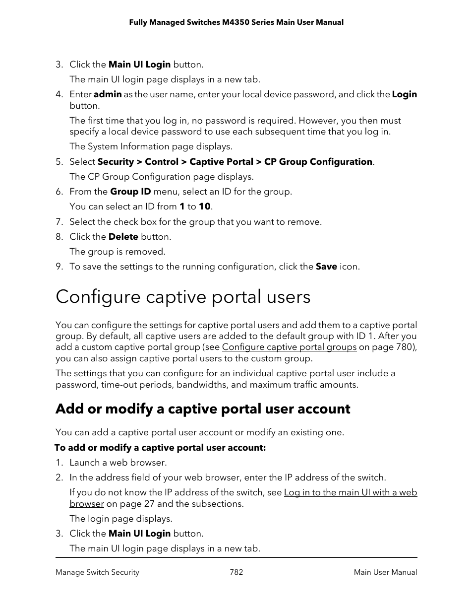 Configure captive portal users, Add or modify a captive portal user account | NETGEAR M4350-24F4V 24-Port 10G SFP+ Managed AV Network Switch User Manual | Page 782 / 971