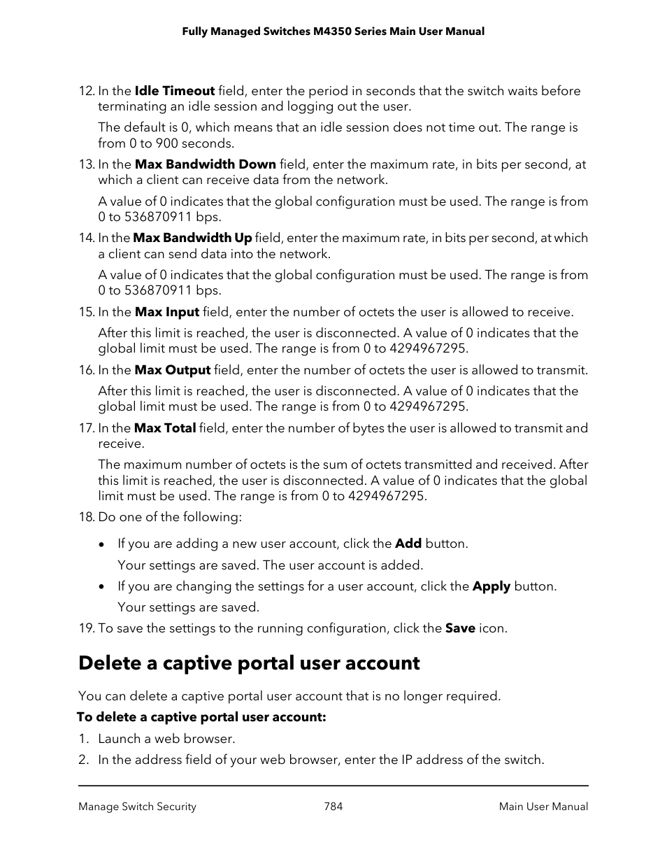 Delete a captive portal user account | NETGEAR M4350-24F4V 24-Port 10G SFP+ Managed AV Network Switch User Manual | Page 784 / 971