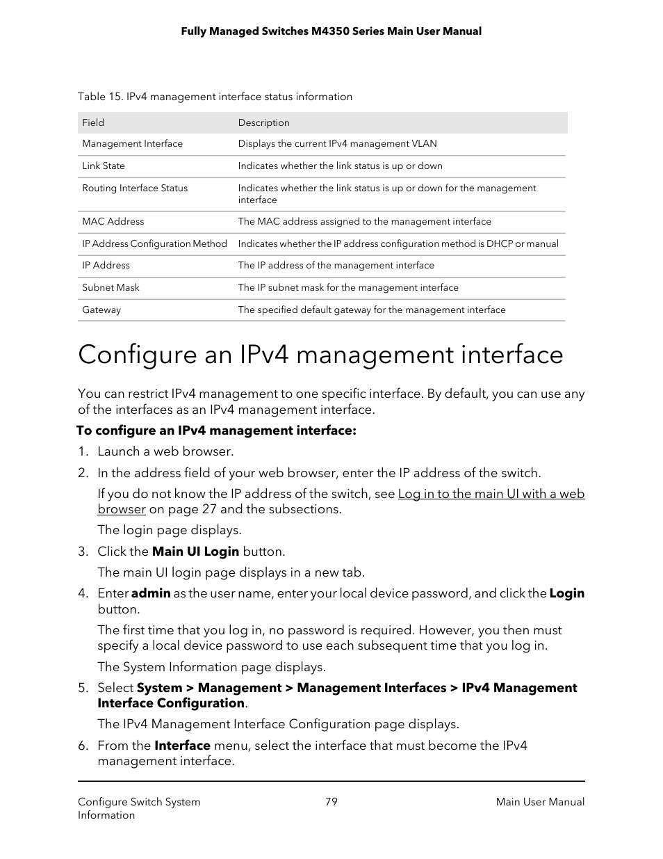 Configure an ipv4 management interface | NETGEAR M4350-24F4V 24-Port 10G SFP+ Managed AV Network Switch User Manual | Page 79 / 971