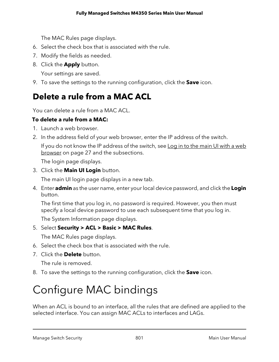 Delete a rule from a mac acl, Configure mac bindings | NETGEAR M4350-24F4V 24-Port 10G SFP+ Managed AV Network Switch User Manual | Page 801 / 971