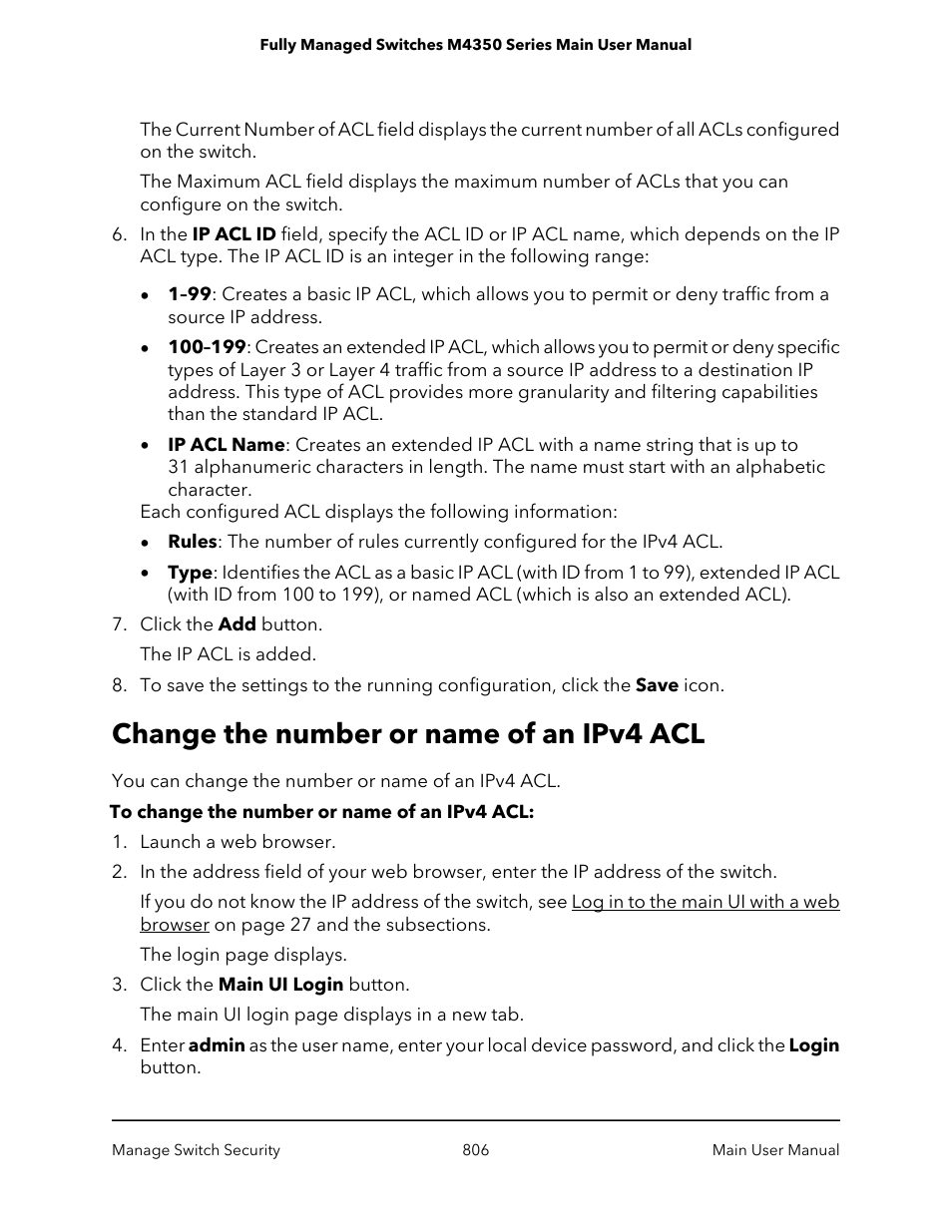 Change the number or name of an ipv4 acl | NETGEAR M4350-24F4V 24-Port 10G SFP+ Managed AV Network Switch User Manual | Page 806 / 971