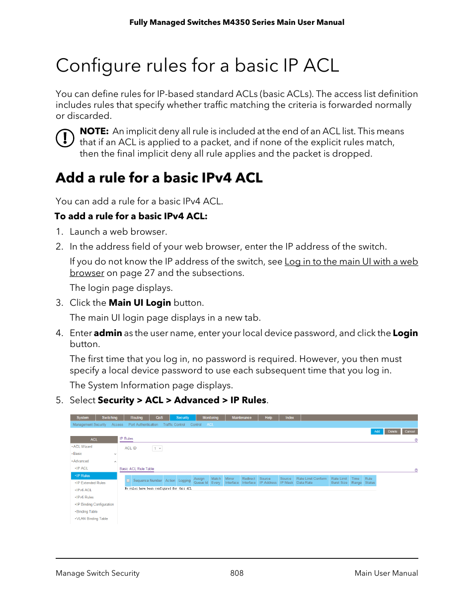 Configure rules for a basic ip acl, Add a rule for a basic ipv4 acl | NETGEAR M4350-24F4V 24-Port 10G SFP+ Managed AV Network Switch User Manual | Page 808 / 971