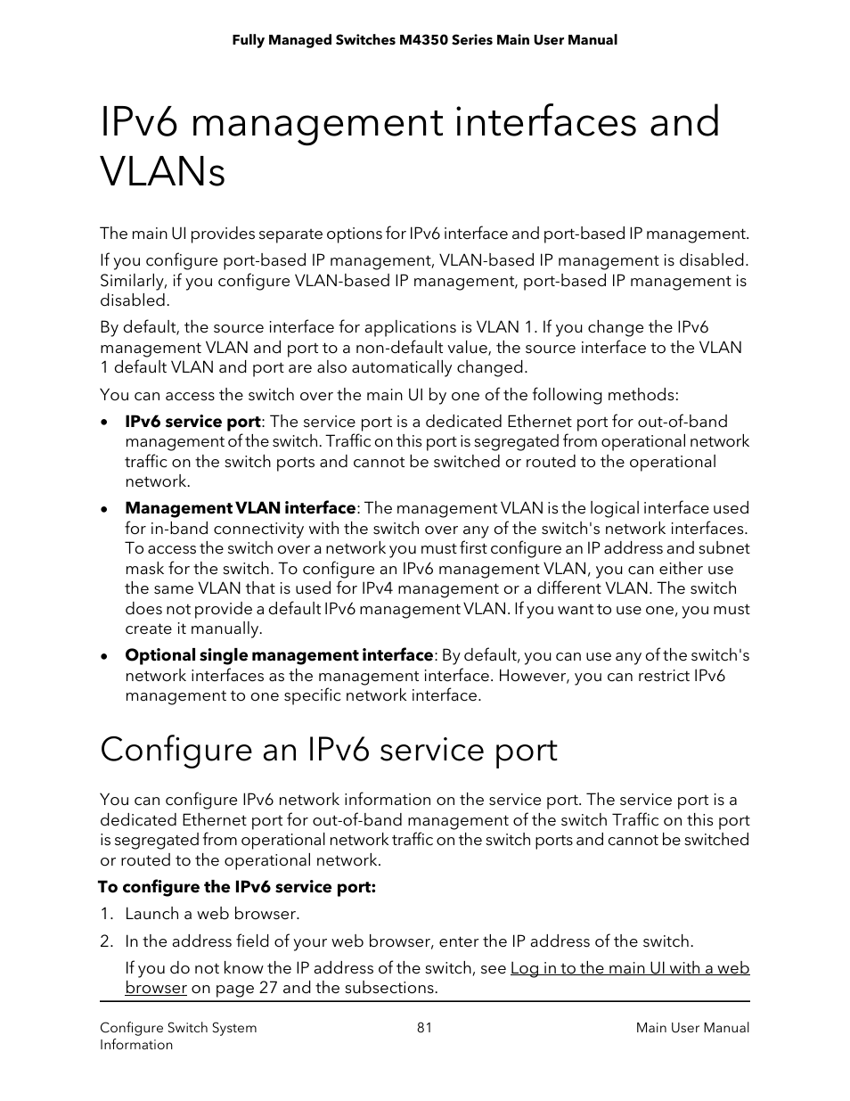 Ipv6 management interfaces and vlans, Configure an ipv6 service port | NETGEAR M4350-24F4V 24-Port 10G SFP+ Managed AV Network Switch User Manual | Page 81 / 971