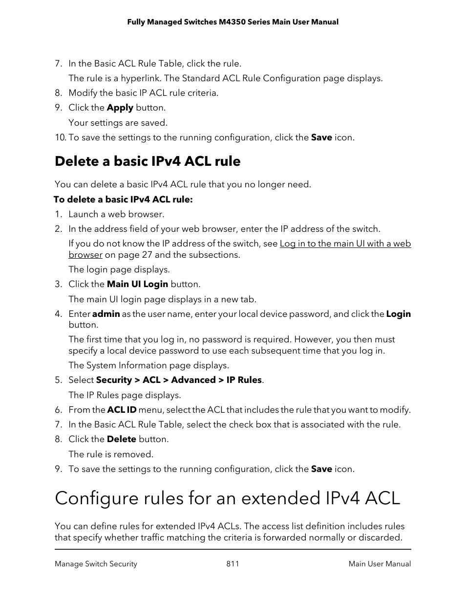 Delete a basic ipv4 acl rule, Configure rules for an extended ipv4 acl, Configure | Rules for an extended ipv4 acl | NETGEAR M4350-24F4V 24-Port 10G SFP+ Managed AV Network Switch User Manual | Page 811 / 971