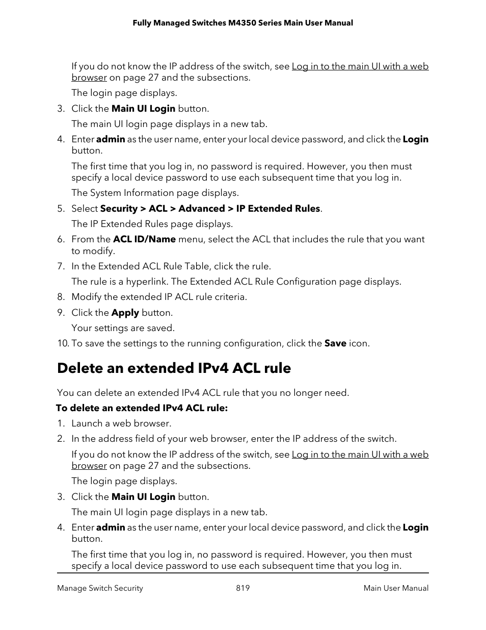 Delete an extended ipv4 acl rule | NETGEAR M4350-24F4V 24-Port 10G SFP+ Managed AV Network Switch User Manual | Page 819 / 971