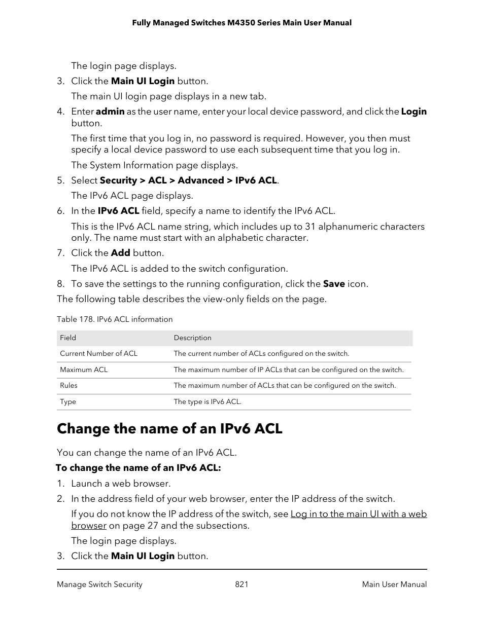 Change the name of an ipv6 acl | NETGEAR M4350-24F4V 24-Port 10G SFP+ Managed AV Network Switch User Manual | Page 821 / 971