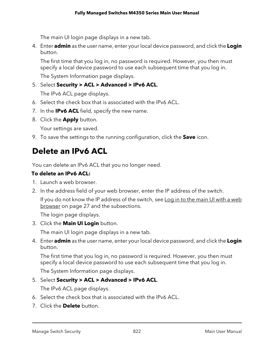 Delete an ipv6 acl | NETGEAR M4350-24F4V 24-Port 10G SFP+ Managed AV Network Switch User Manual | Page 822 / 971